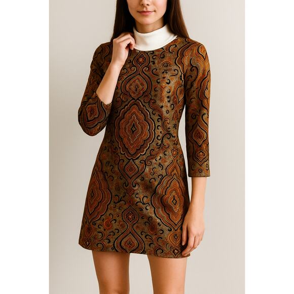J. Crew Silk Dress Sz 0 Brown Tan Black 3/4 Sleeves Pockets Hippie Boho Chic - Picture 1 of 9